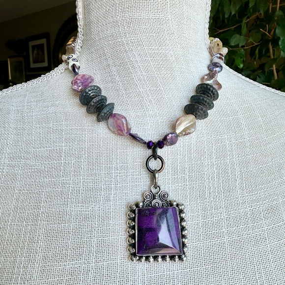 Purple Agate pendant sterling silver necklace African trade brass beads abalone - Picture 3 of 10